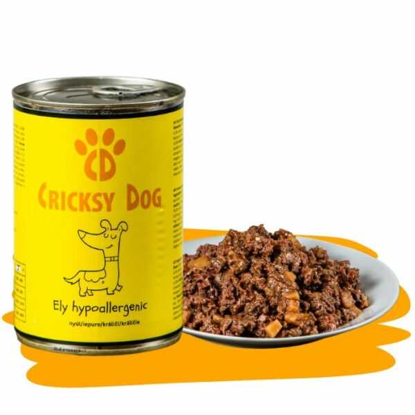 Hypoalergénne mokré krmivo pre psy s králičím mäsom Ely (prémiové zloženie bez pšeničného lepku a kuracieho mäsa) – 410 g
