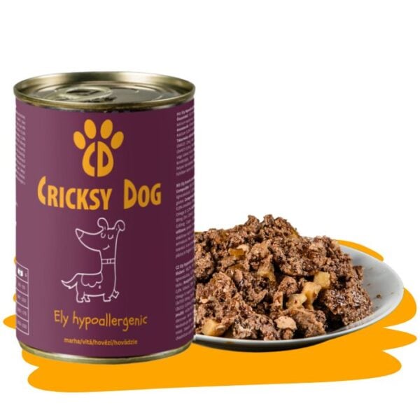 Ely Hypoalergénne hovädzie mokré krmivo pre psov (recept bez pšeničného lepku a kuracieho mäsa) – 410 g