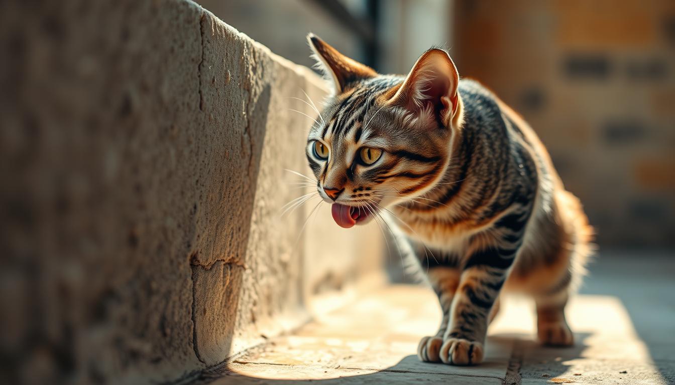 mačka líže roh steny