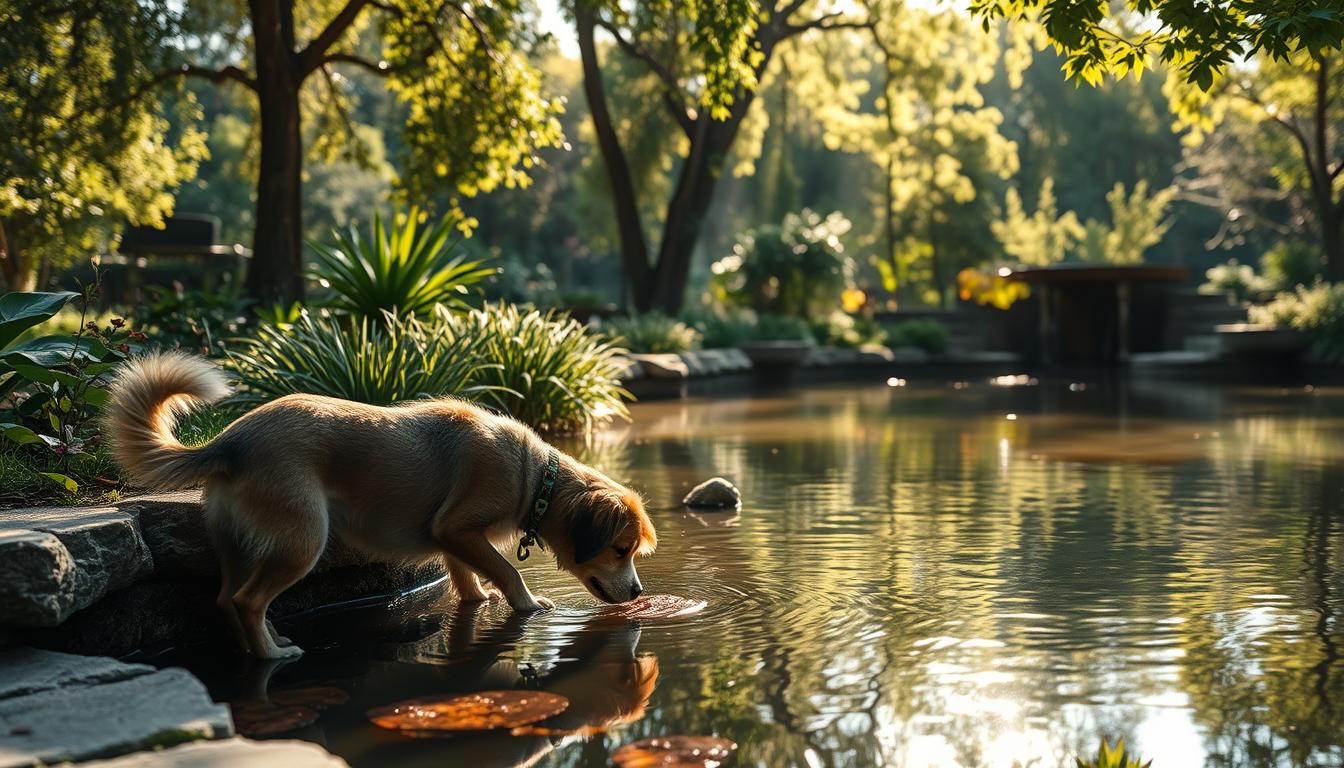 záhradné jazierko so psom leto