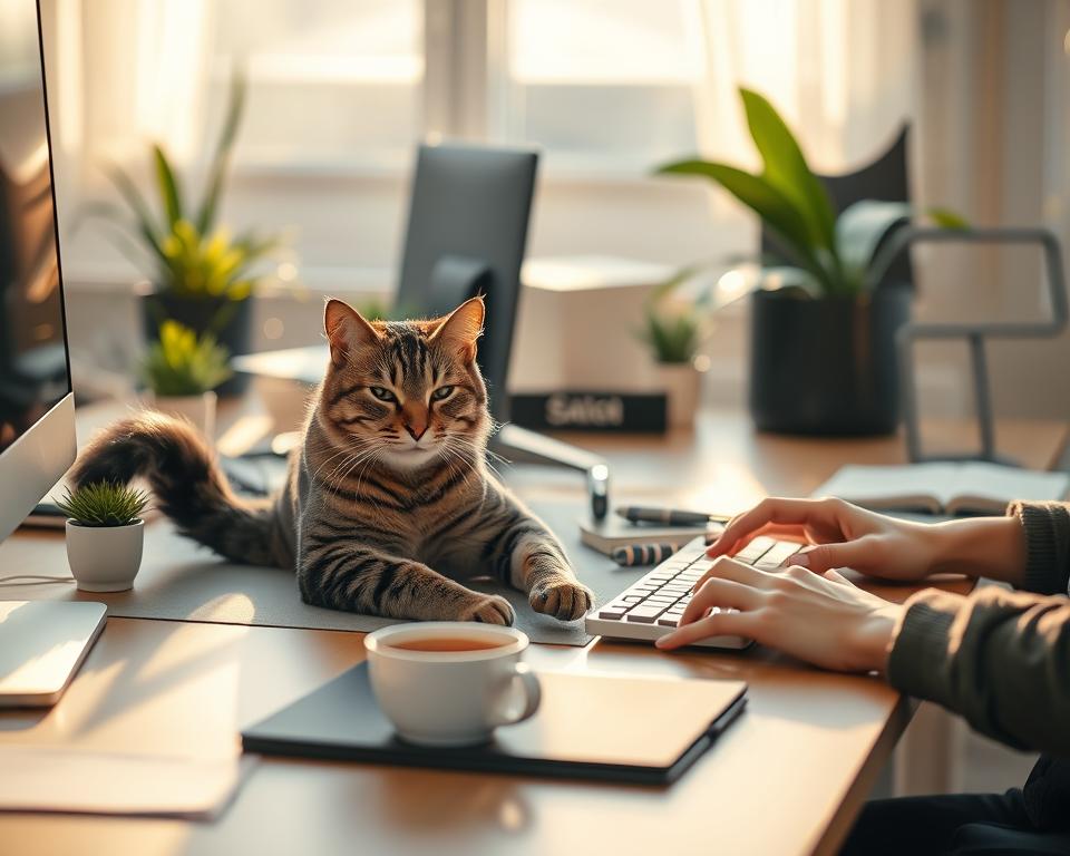zlepšenie nálady na pracovisku s mačkou
