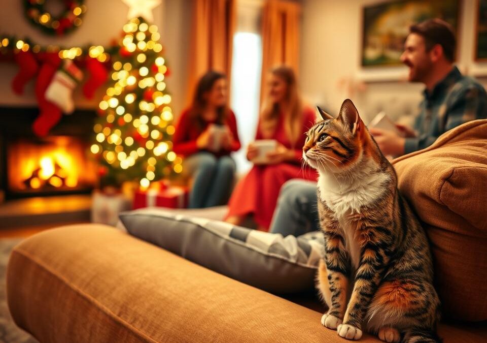 Rodina s mačkou počas Vianoc – na čo si dať pozor, ak sú v dome deti?