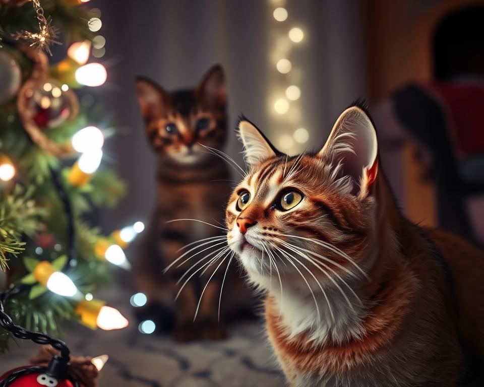 Vianocne-svetla-a-macka-v-zime Vianočné svetlá a mačka v zime