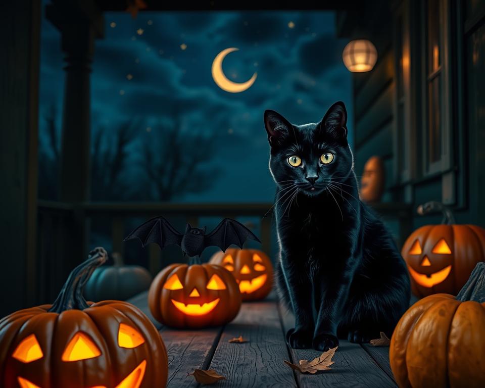 halloweenske dekorácie a mačka