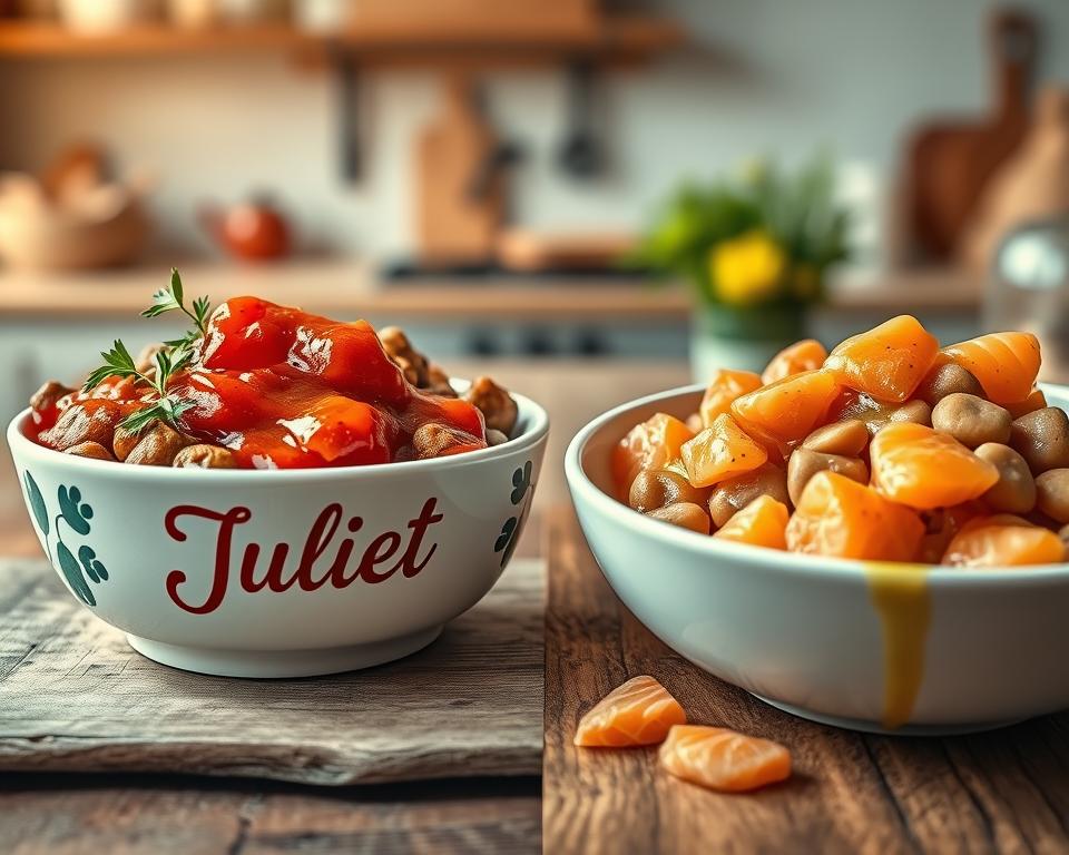 krmivo juliet + omáčka vs juliet + lososový olej