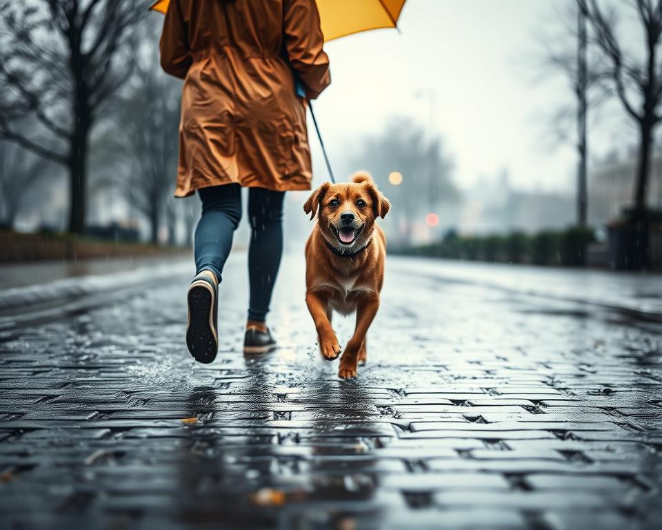 prechádzka so psom v daždi