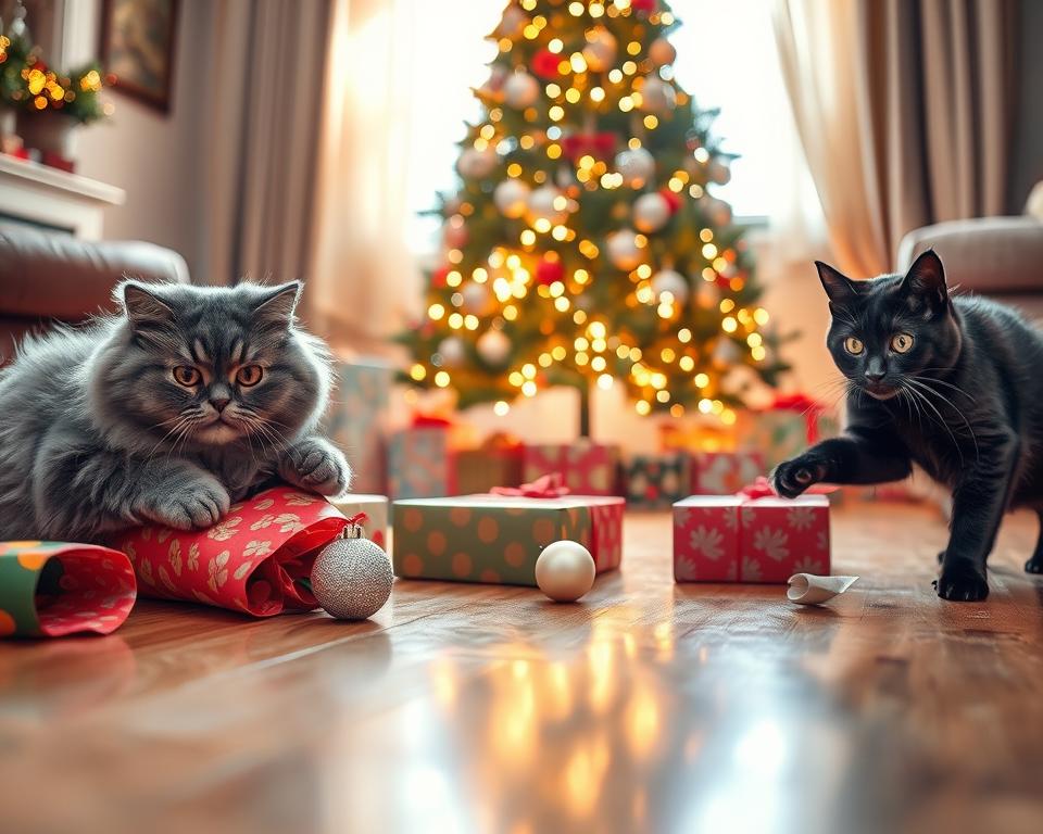 rozbaľovanie darčekov a mačka