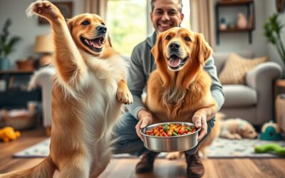 Dobre kŕmený pes chváli svojho majiteľa