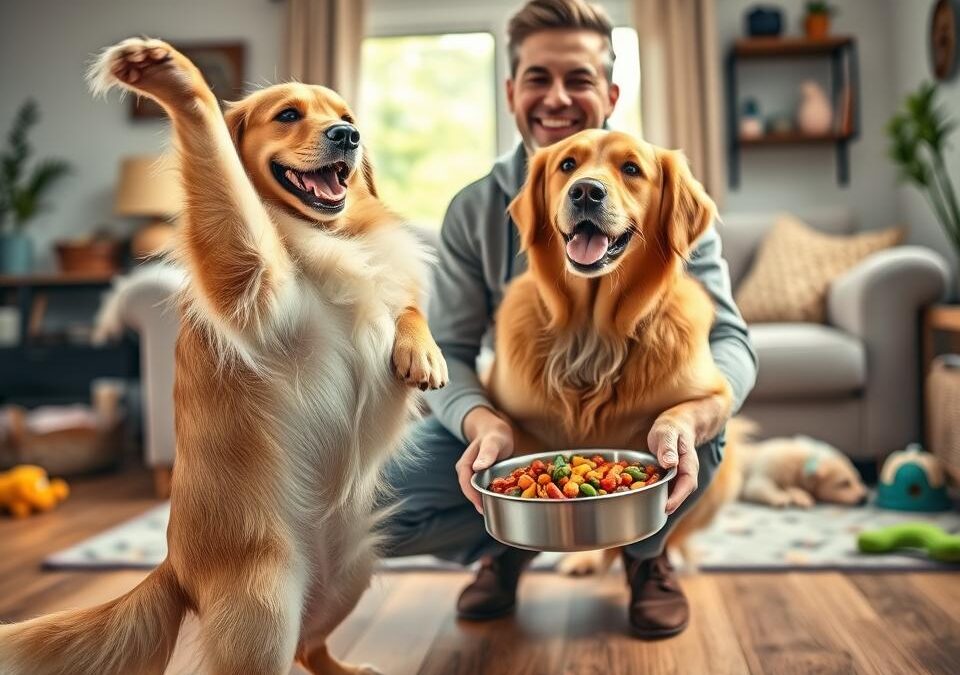 Dobre kŕmený pes chváli svojho majiteľa