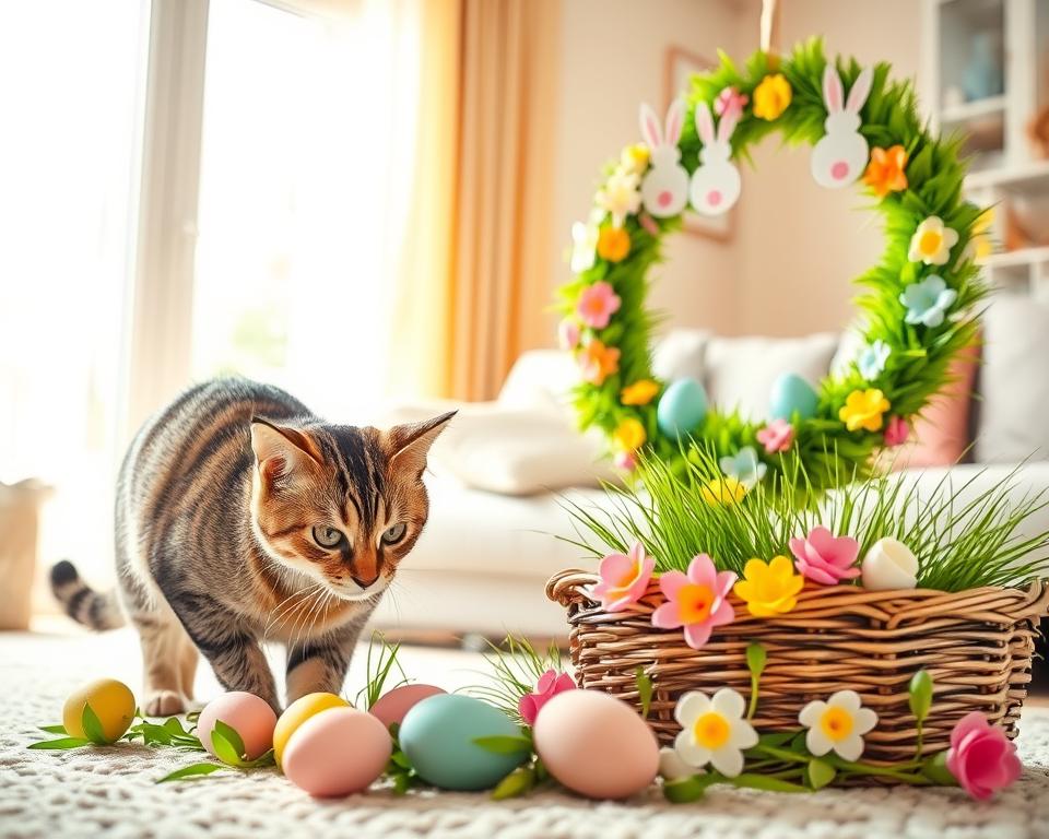 veľkonočné dekorácie a mačka