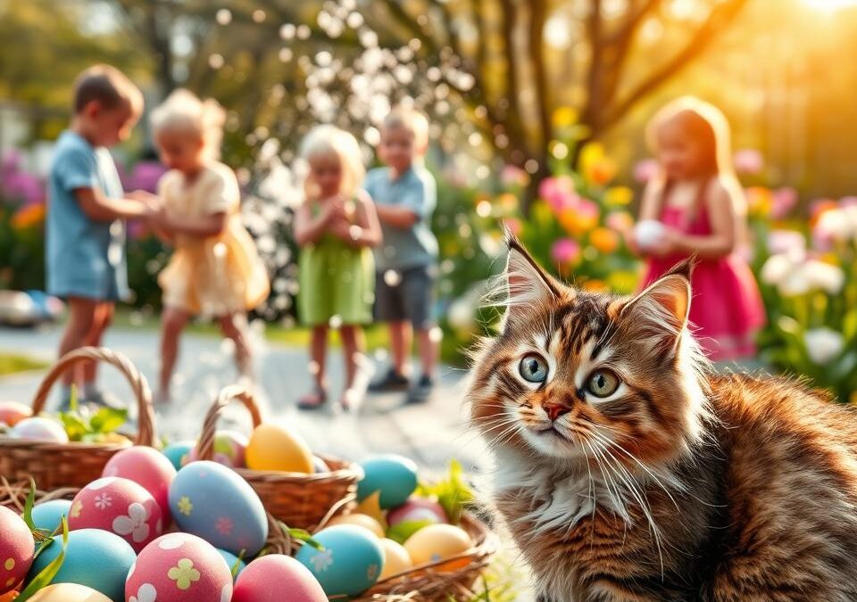 Mačka a veľkonočné oblievanie – veľkonočný sprievodca prežitia