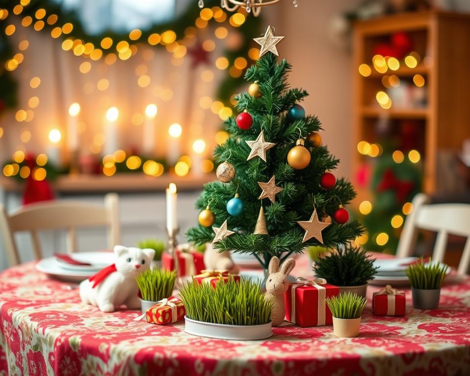 vianočná výzdoba stola a mačka