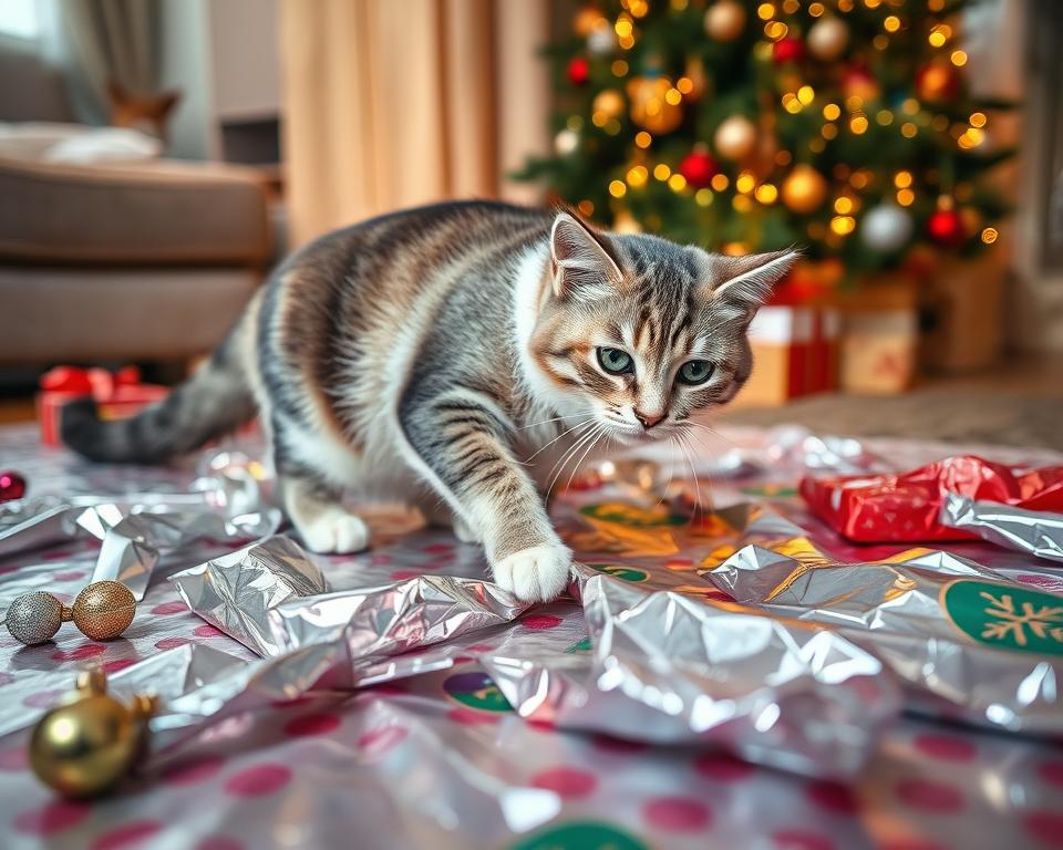 vianočný baliaci papier a mačka