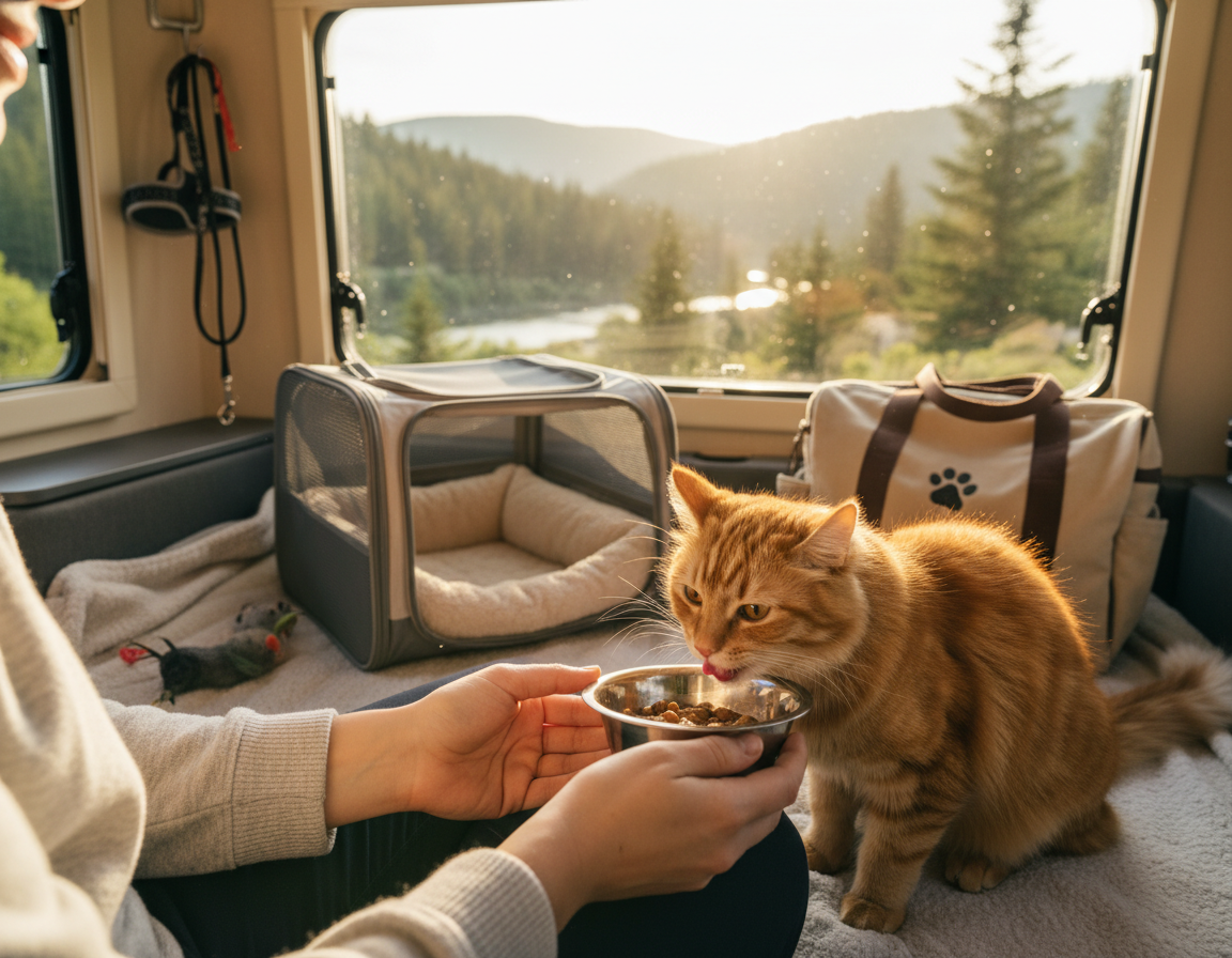 kŕmenie mačky počas cestovania