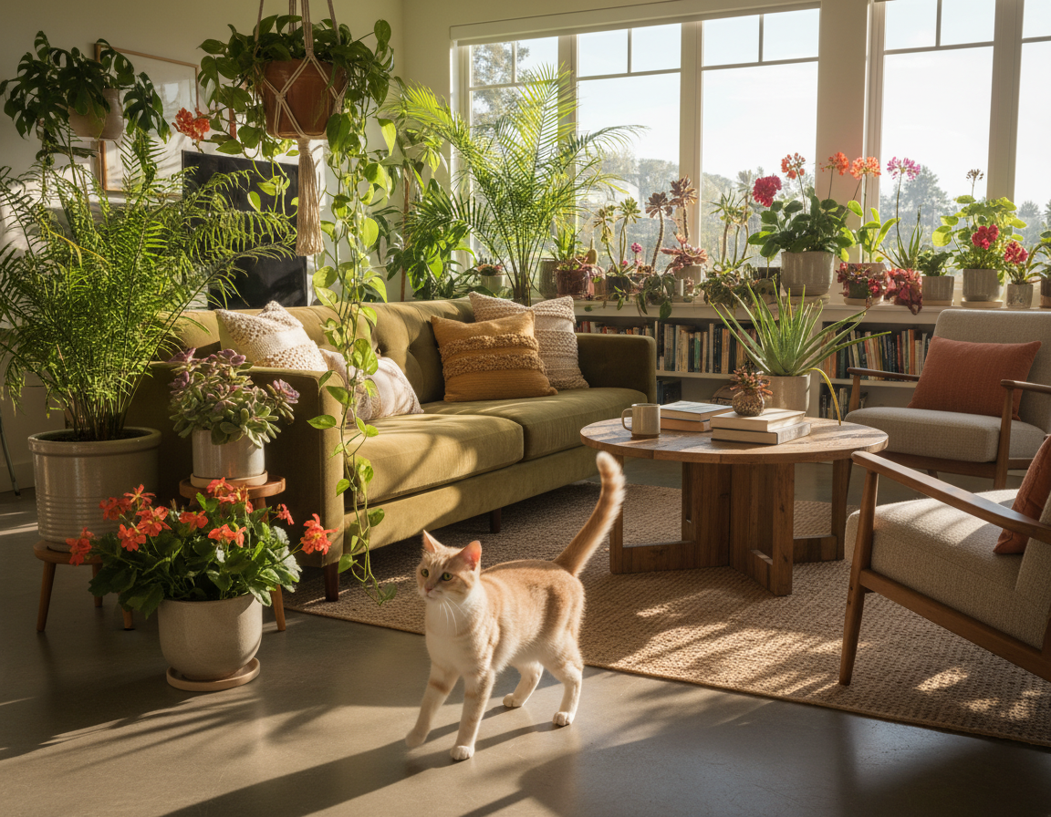rastliny a interiérový dizajn s mačkou