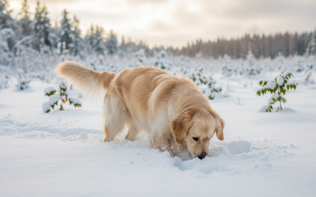 Hľadanie maškŕt v snehu – prirodzená zimná hra pre psa