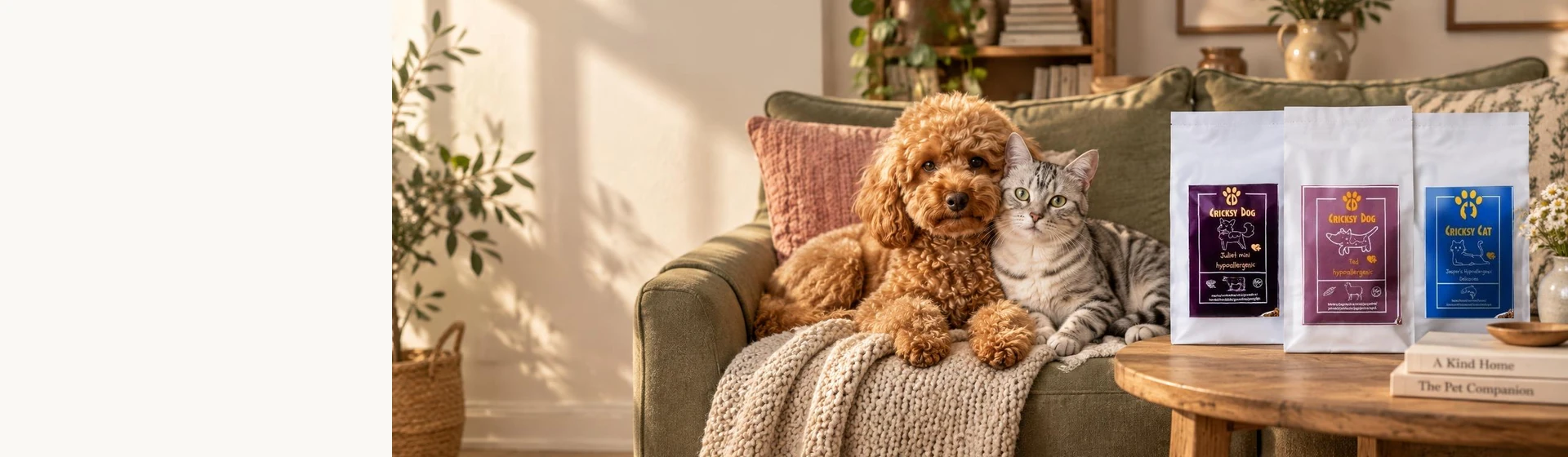 Pes a mačka pritúlení v teplom domove, vedľa nich krmivá Juliet, Ted a Jasper